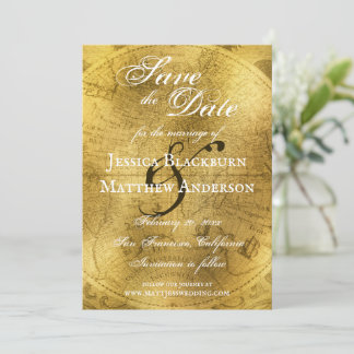 Antique World Map Faux Gold Foil Customisable Save The Date