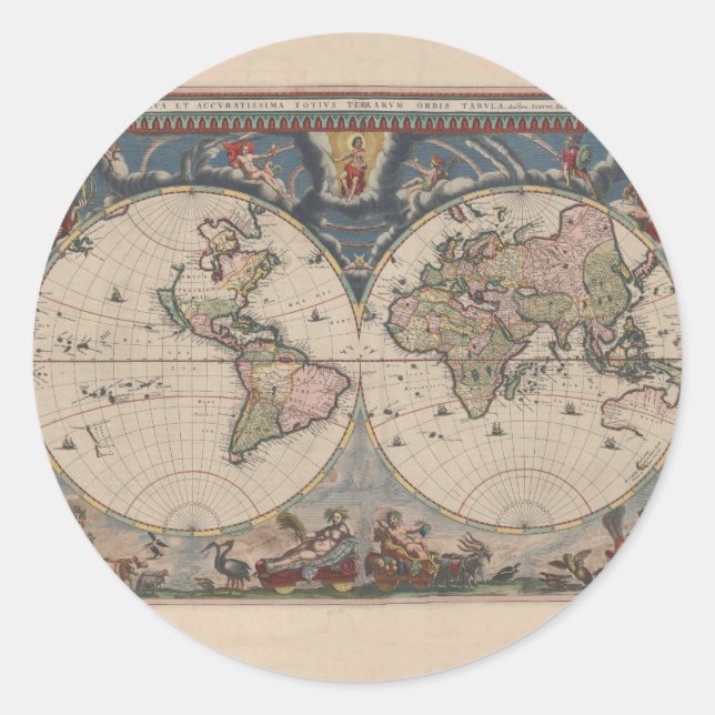 Antique World Map: Historical Cartography Art Classic Round Sticker (Front)