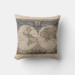 Antique World Map: Historical Cartography Art Cushion