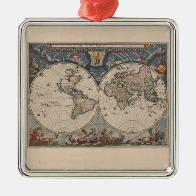 Antique World Map: Historical Cartography Art Metal Tree Decoration (Front)
