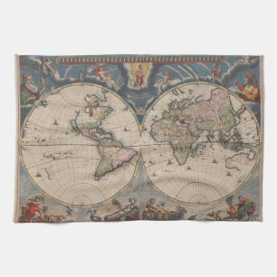 Antique World Map: Historical Cartography Art Tea Towel