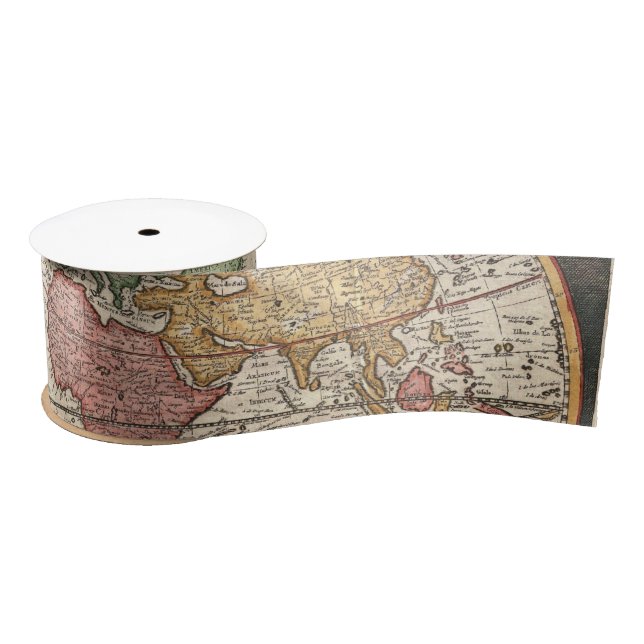 Antique World Map in two Hemispheres Satin Ribbon (Spool)