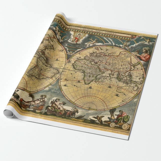 Antique World Map J. Blaeu 1664 Wrapping Paper (Unrolled)