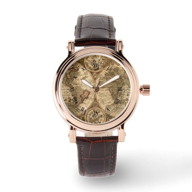 antique world map leather watch (Front)