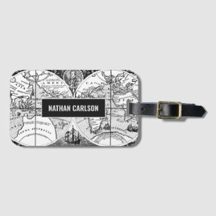 Antique World Map Line Art Personalised Luggage Tag