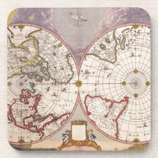 Antique World Map Lithograph Elegant Coaster (Front)