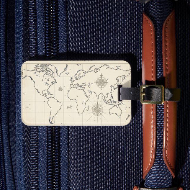 Antique World Map Luggage Tag (Front Insitu 4)