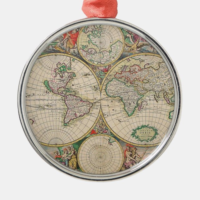 Antique World Map Metal Tree Decoration (Front)