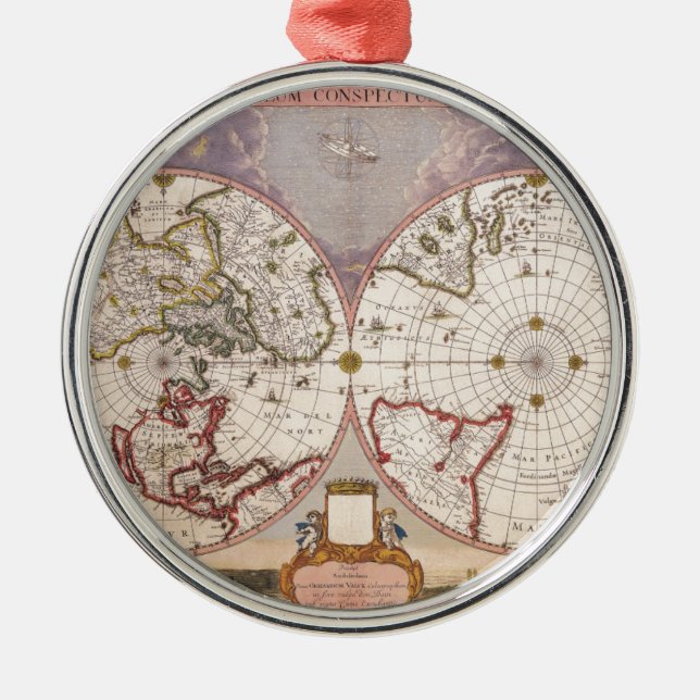 Antique World Map Metal Tree Decoration (Front)