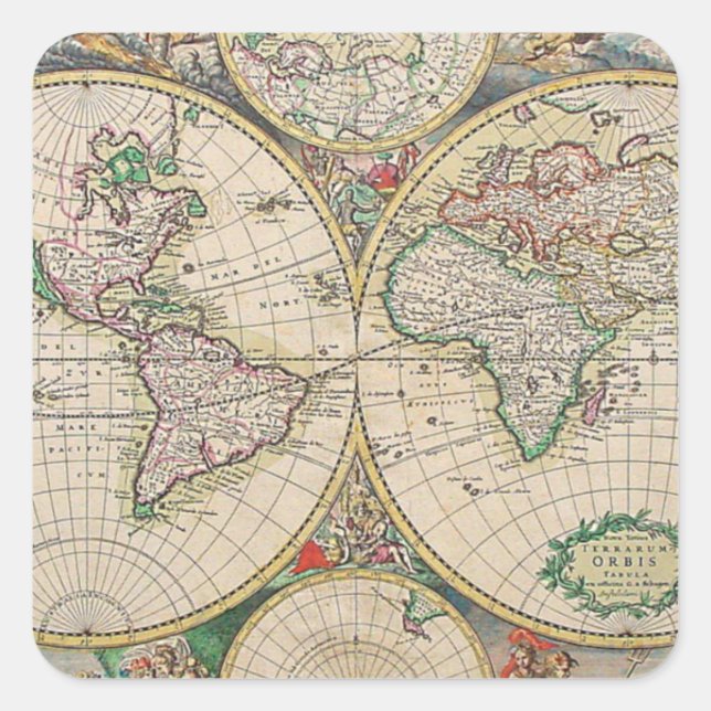 Antique World Map Square Sticker (Front)