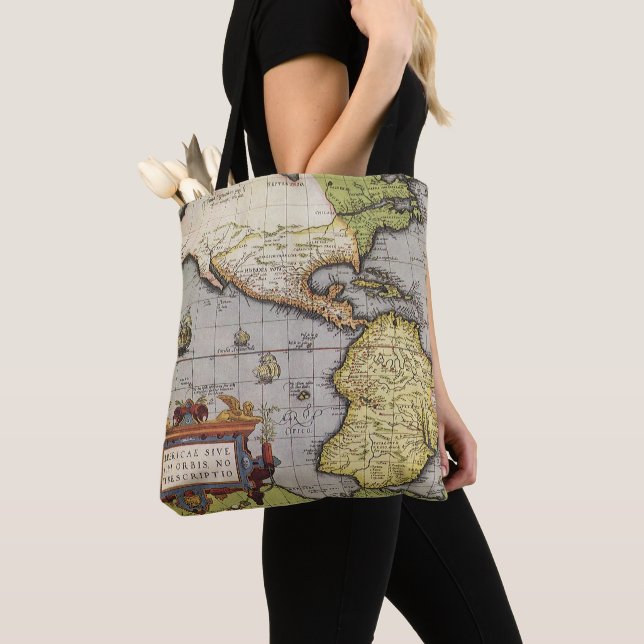 Antique World Map the Americas by Abraham Ortelius Tote Bag (Close Up)