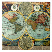 Antique World Map Vintage Art Ceramic Wall Decor