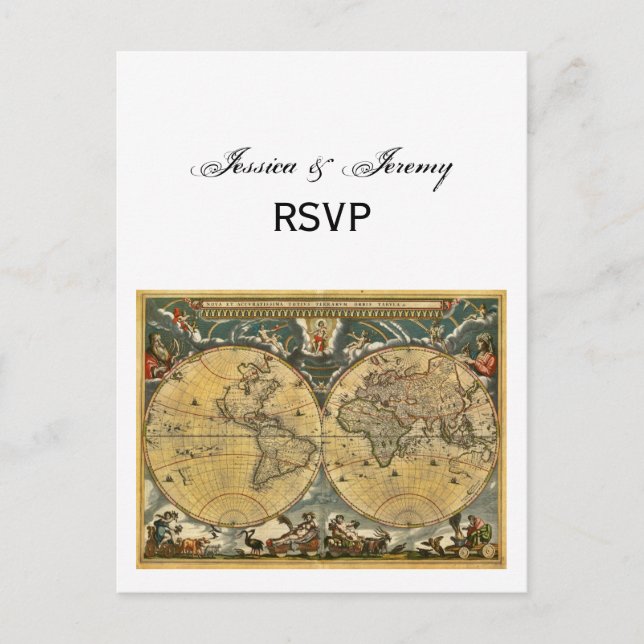 Antique World Map, White BG RSVP Invitation Postcard (Front)