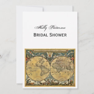 Antique World Map, White BG V Bridal Shower Invitation