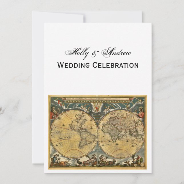 Antique World Map, White BG V Wedding Invitation (Front)