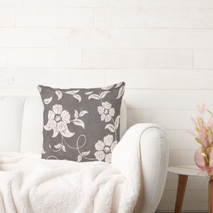 Antiqued Brown Black Vintage White Flowers Cushion