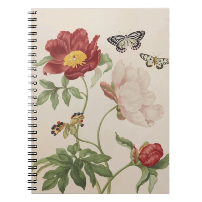 Antiqued Peony and Butterflies Spiral Notebook (Front)