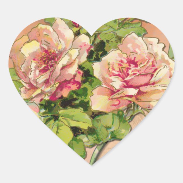 Antiqued Pink Roses (Heart Shaped Stickers) Heart Sticker (Front)