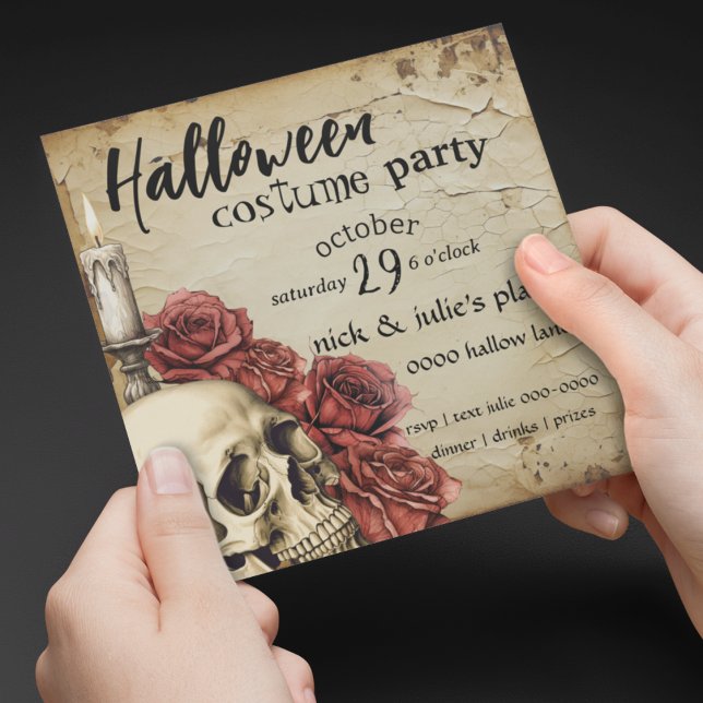 Antiqued Roses and Spooky Skull Halloween Party (Macabre spooky customizable Halloween party invitation with skull, red roses and a lit candle. )