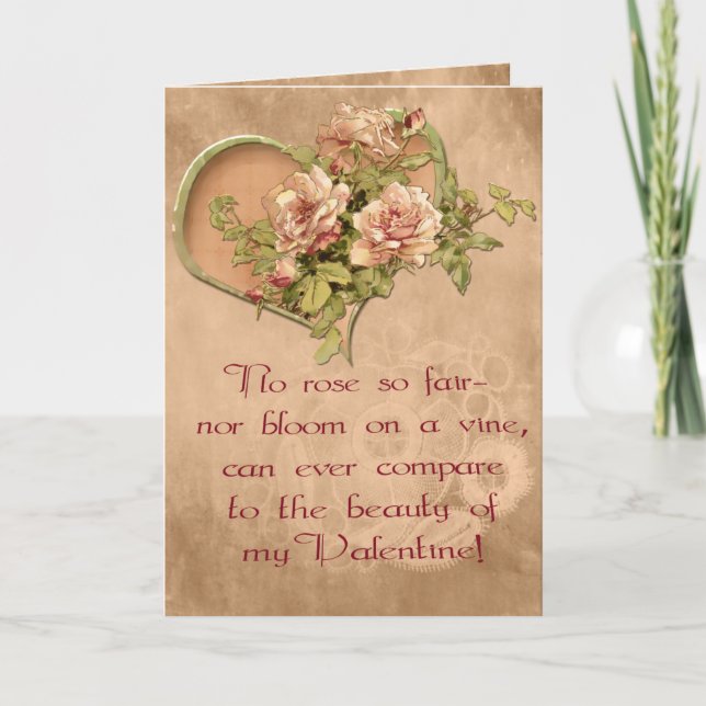 Antiqued Roses, Hearts and Lace Valentine Holiday Card (Front)