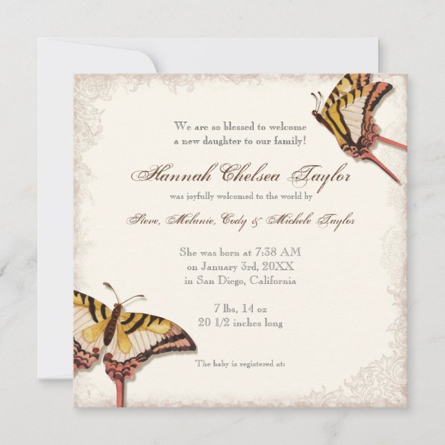 Antiqued Victorian Rose Baby Girl Birth Announce Announcement (Front)