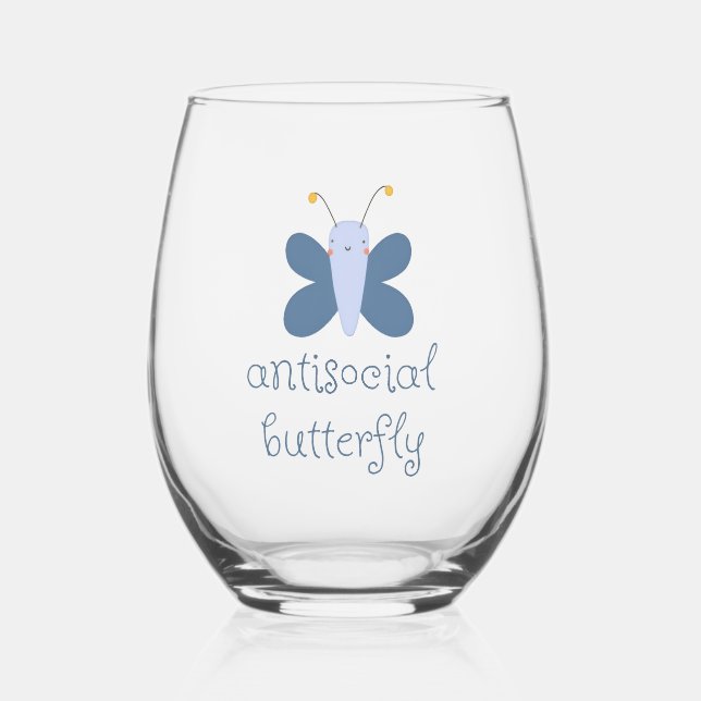 Antisocial Butterfly Stemless Wine Glass – Blue (Front)