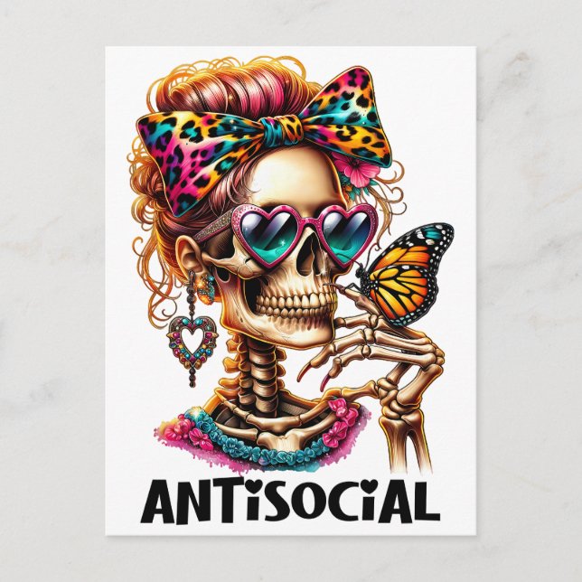Antisocial Skeleton Lady Holiday Postcard (Front)