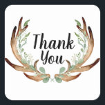 Antler and Vine Watercolor Thank you Square Sticker<br><div class="desc">By Honey & Birch Studios</div>