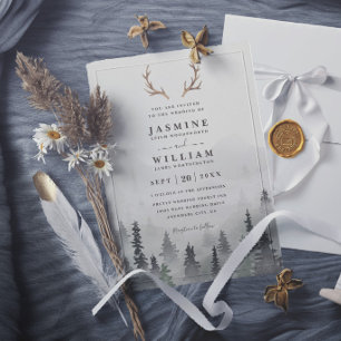 Antler Forest Mountain Tree Rustic Elegant Wedding Invitation