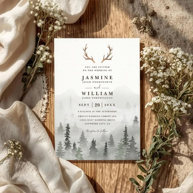 Antler Forest Mountain Tree Rustic QR Code Wedding Invitation (Creator Uploaded)