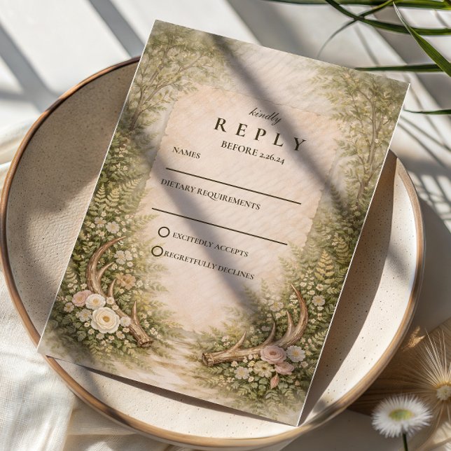 Antler Forest Romance Wedding RSVP Card (Creator Uploaded)