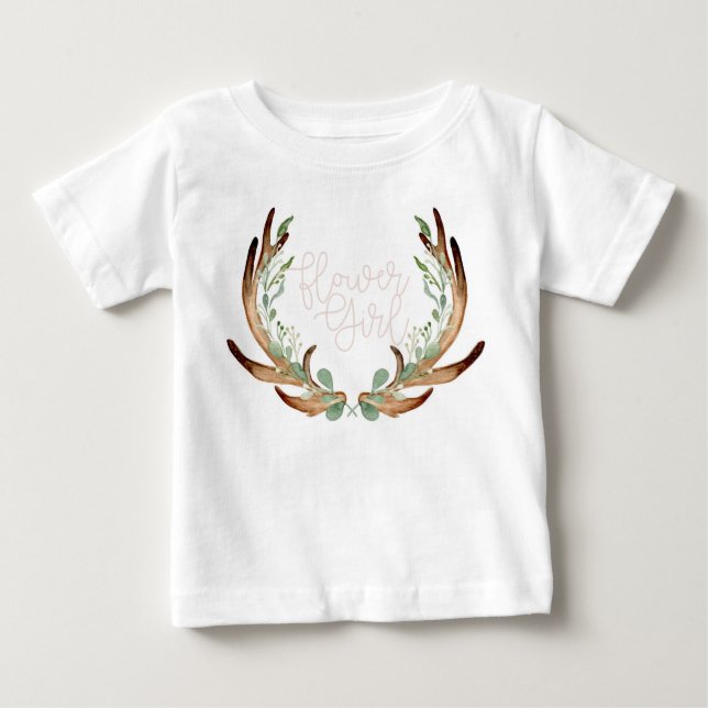 Antler & Greenery Watercolor Wreath | Flower Girl Baby T-Shirt (Front)
