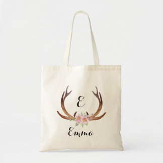 Antler with Pink Watercolor Flowers Tote Bag