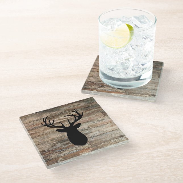 Antler Wood Painting Rustic Style Glass Coaster (Angled)