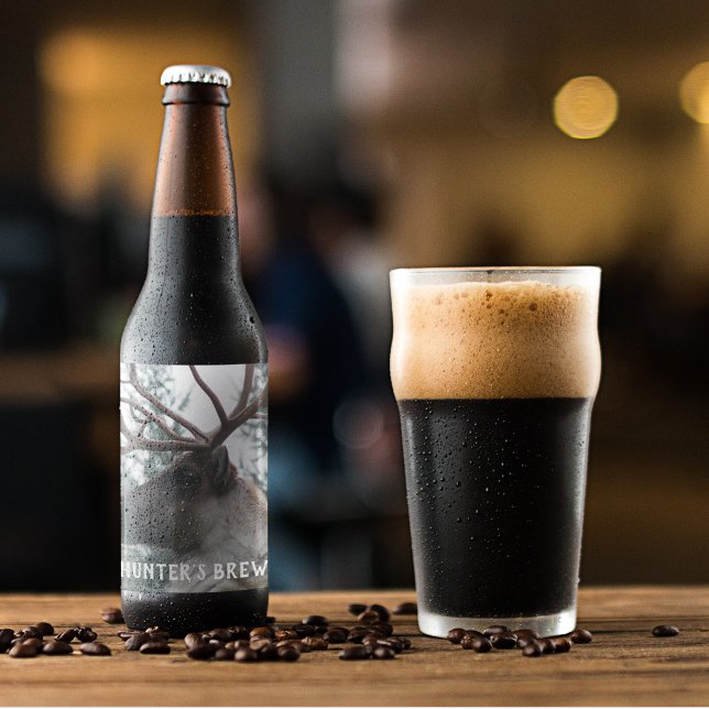 Antlered Caribou Photo Personalised Beer Bottle Label (In Situ Glass of Beer)