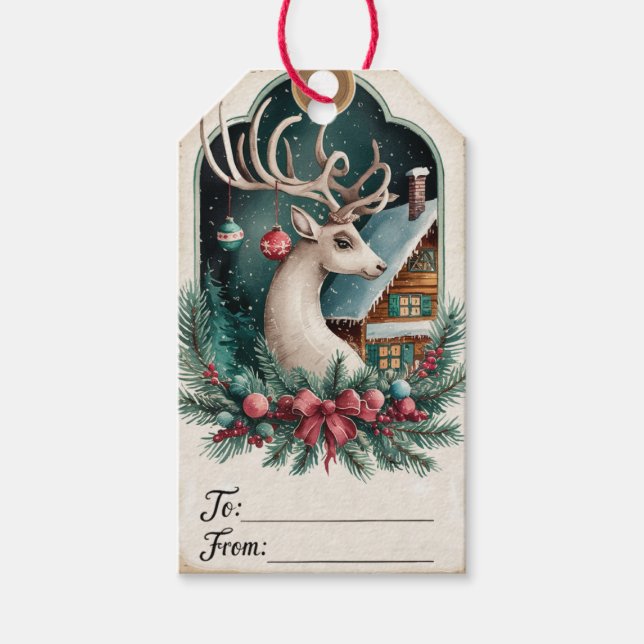 Antlered Reindeer & Snowy Cottage Gift Tags (Front)
