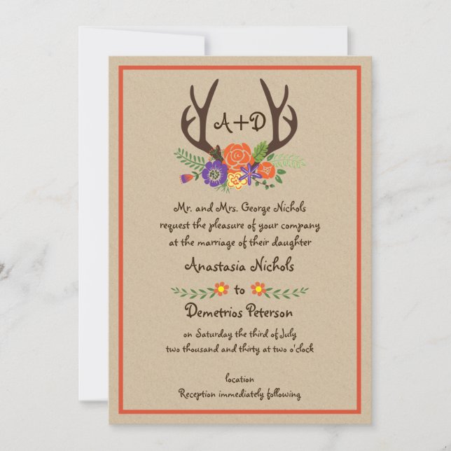 Antlers and flowers monogram kraft paper wedding invitation (Front)