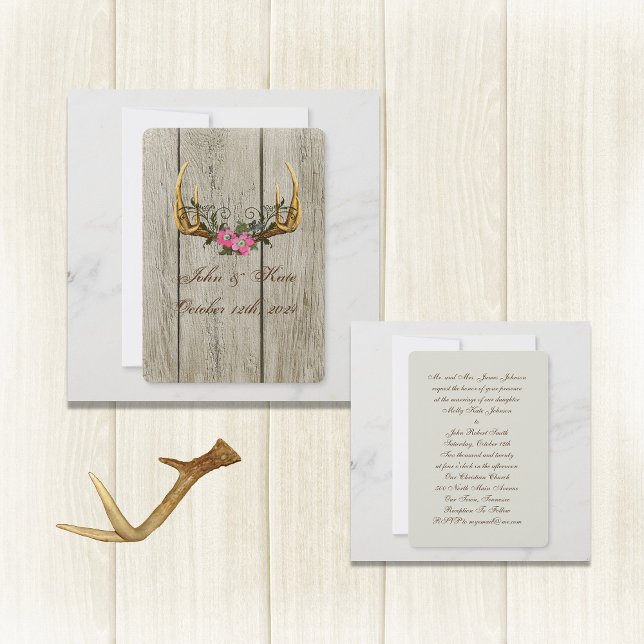 Antlers and Pink Roses Rustic Wedding Invitation (Creator Uploaded)
