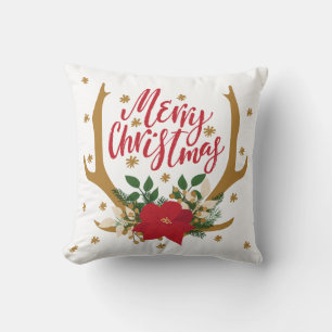 Antlers and Poinsettia Red and Gold Christmas Cushion