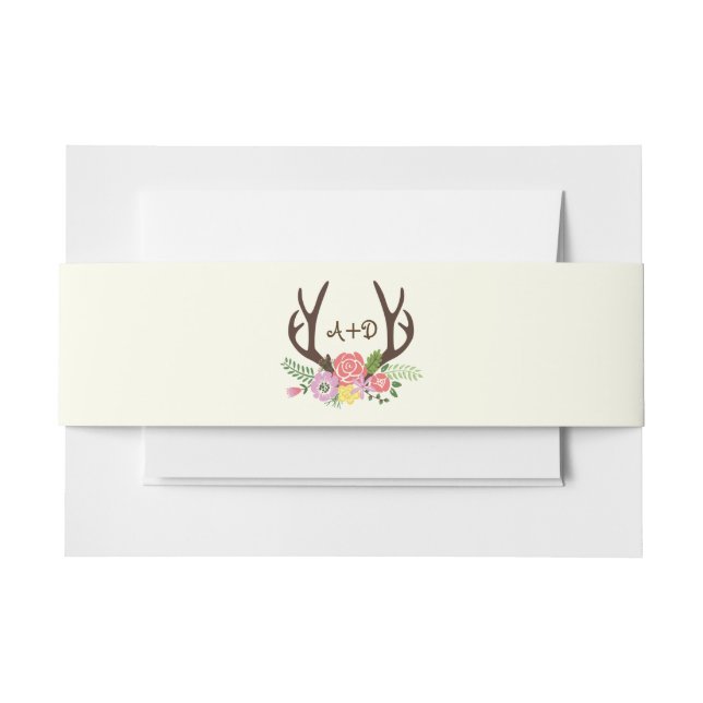Antlers and wild flowers monogram woodland wedding invitation belly band (Front Example)