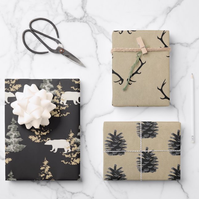 Antlers, bears, black and stone coloured  wrapping wrapping paper sheet (Front)