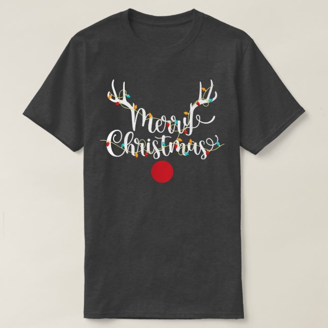 Antlers Christmas Lights Reindeer Face Rudolph Red T-Shirt (Design Front)