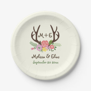 Antlers & coral pink flowers rustic wedding paper plate