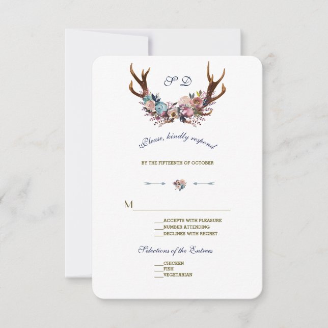 Antlers Dusty Blue Pink Floral | Wedding RSVP (Front)