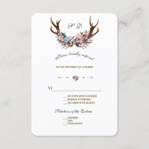Antlers Dusty Blue Pink Floral Wedding RSVP Card