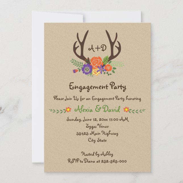 Antlers floral monogram wedding engagement party invitation (Front)