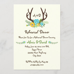 Antlers floral monogram wedding rehearsal dinner invitation