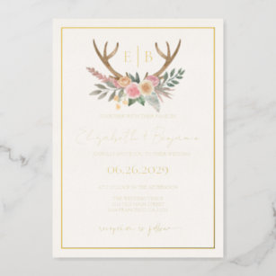 Antlers Floral Stag Pink Flowers Wedding Real Gold