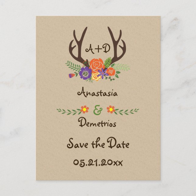 Antlers & flowers monogram wedding Save the Date Announcement Postcard (Front)
