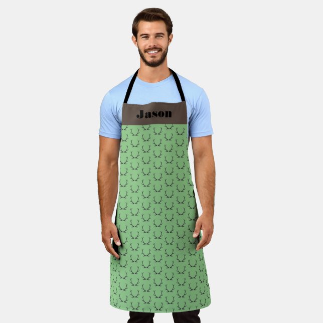 Antlers Green Personalised Men Apron Hunter Gift (Worn)